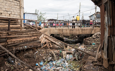 Extreme plastic pollution in a river through the Kibera slum in Kenya.