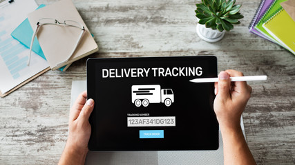 Delivery tracking form on device screen. E-commerce and business concept.