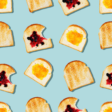 Creative seamless pattern or set of toasted bread with tasty different jam on light blue color background in pop-art style.Modern minimal food photography collage.Morning breakfast brunch concept