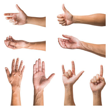 Set of various gestures and sign of Man's hand isolated on white background.
