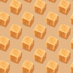 Creative seamless geometry isometric food pattern made of brown sugar cubes on terracotta color background.Concept art.Minimal surrealism food background concept.Flat lay,top view
