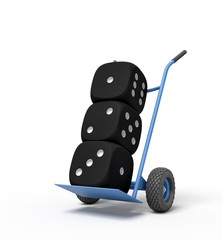 3d rendering of three black casino dice on a hand truck