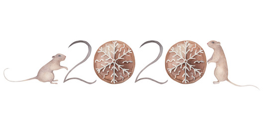 Chinese new year 2020 year of the rat. Watercolor greeting print on white background. Hand drawn illustration