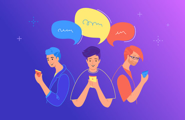 Social media chat and communication flat vector illustration. Teenage people using smartphone for chatting