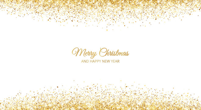 Merry Christmas and New Year card design. Gold glitter decoration, falling sparkling dust texture.