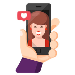 Human hand holding mobile phone and looking at the screen. 	 Video call with girlfriend. Flat cartoon vector illustration. Video call, self portrait.