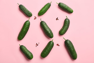 Fresh green cucumbers on color background