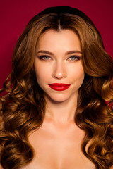 Fototapeta premium Vertical close-up portrait of her she nice attractive charming confident wavy-haired girl glamorous life isolated bright vivid shine vibrant red maroon burgundy marsala color background