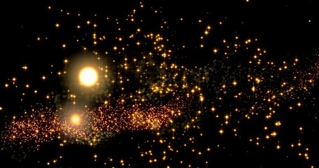Golden confetti bokeh lights on the black background. 3d illustration