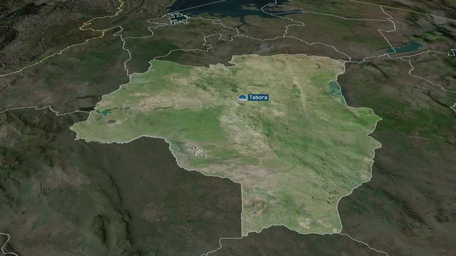 Tabora - region of Tanzania with its capital zoomed on the satellite map of the globe. Animation 3D