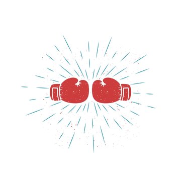 Color illustration in grunge textured boxing gloves with rays. Vector illustration on a sports theme. Boxing club logo.