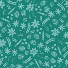 Teal Holiday spices seamless vector repeat pattern background with star anise, cinnamon, nutmeg and clove.