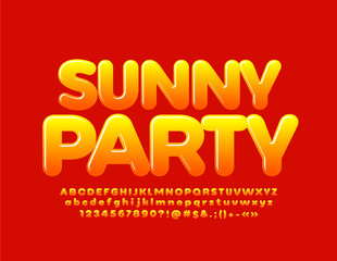 Vector bright poster Sunny Party. Gradient Yellow and Red FOnt. Glossy Alphabet set