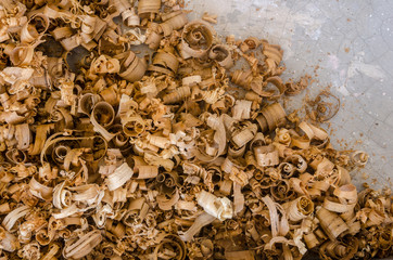 The empty space for copy text with wood sawdust or wood shavings in gray background. Close up view of wood sawdust texture material background. Abstract texture and background for designers..