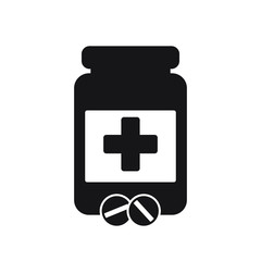 Medicine bottle and pills. Black and white icon. Vector illustration