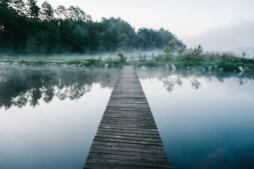 Zelfklevend Fotobehang Fog, grass, trees against the backdrop of lakes and nature. Fishing background. Carp fishing. Misty morning. nature. Wild areas. bridge over the river. © Serhii