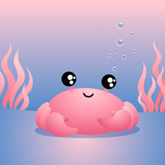 Vector illustration of a cute crab on a pink blue background with seaweed. Sea world