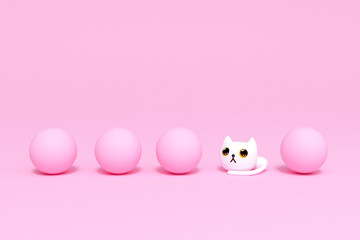 Outstanding white cat is among many pink balls in pink pastel background room studio 3d rendering. 3d illustration Morandi color minimal style concept.