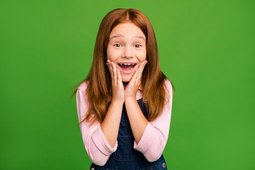 Photo of adorable little ginger school child in front of blackboard arms on cheekbones glad to see classmates wear denim overall pink shirt isolated green background