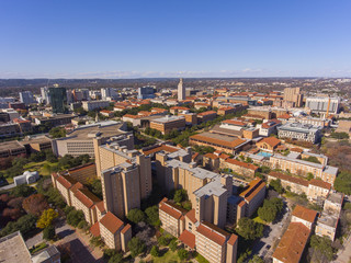 University of Texas at Austin aerial view including UT Tower and Main Building in campus, Austin, Texas, USA.