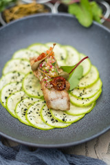 Fried Cod Fish with Sliced Courgette and Fresh Vegetable Salsa