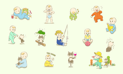 adorable baby and kitten character design, cute and innocent, soft pastel colours, playful toddler stickers. baby shower, gender reveal, birthday party. daycare, kindergarten, childcare