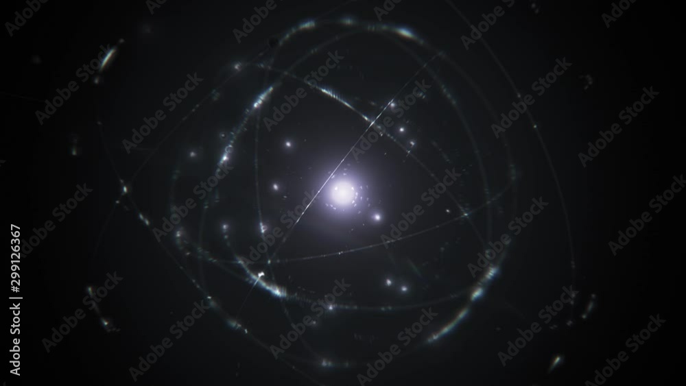 Sticker seamlessly looping white silver atom concept animation shining glowing proton neutron nucleus, visualization of atom space physics of centric gravity as idea of electrons orbiting as ordered particles