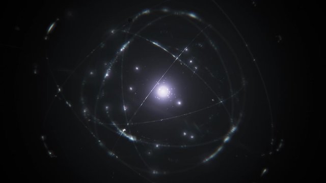 seamlessly looping white silver atom concept animation shining glowing proton neutron nucleus, visualization of atom space physics of centric gravity as idea of electrons orbiting as ordered particles