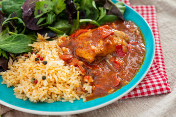 Basque Braised Chicken With Peppers and rice