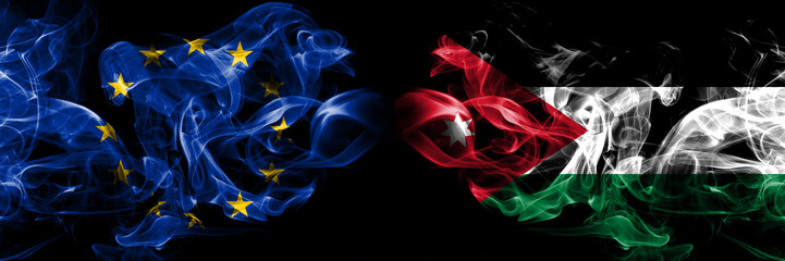 Eu, European union vs Jordan, Jordanian smoke flags placed side by side. Thick colored silky smokes abstract flags