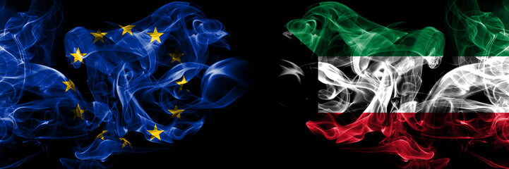 Eu, European union vs Kuwait, Kuwaiti smoke flags placed side by side. Thick colored silky smokes abstract flags