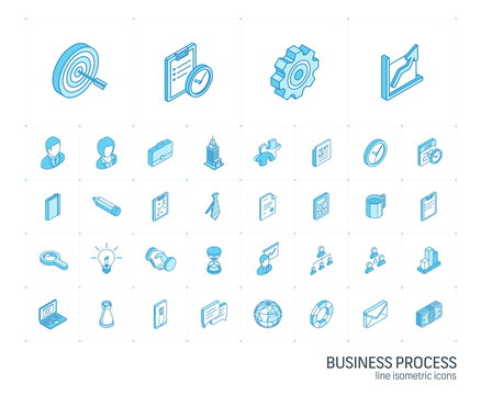 Isometric line icon set. 3d vector colorful illustration with business, management symbols. Marketing research, strategy, service, career, mission, analytic colorful pictogram Isolated on white