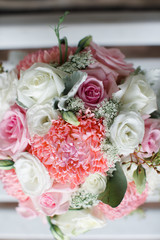 pink white green rose bouquet - 299128315