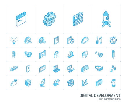 Isometric Line Icon Set. 3d Vector Colorful Illustration With Web And App Development Symbols. Digital Network Technology, Coding, Application, Program Data Colorful Pictogram Isolated On White