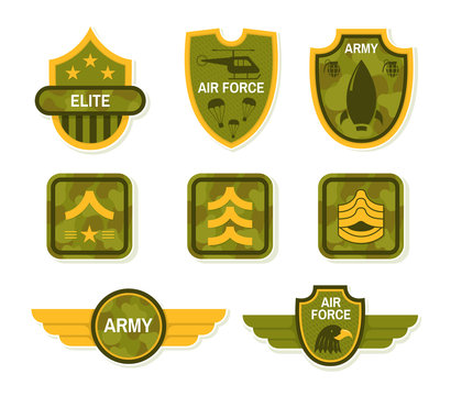 Military symbol and army badge set. Army signs and badges different branches and types of troops army apparel signs naval insignia vector illustration