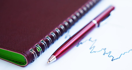 Business notebook and pen lie on a paper with a graph of a financial instruments trading tool,...