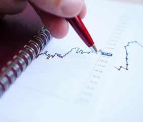 Business notebook and pen lie on a paper with a graph of a financial instruments trading tool, businessman trader workplace, concept- successful and rich