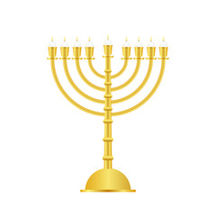 Realistic Gold Hanukkah menorah icon on white background. Vector stock Illustration