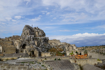 Naklejka premium 02_A look at the characteristic cliff and the cave church Madonna de Idris, Matera, Italy.