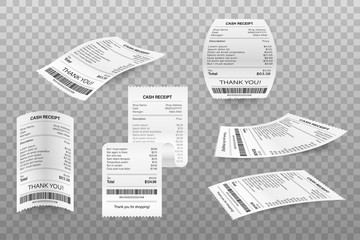 Obraz premium Set Receipts vector illustration of realistic payment paper bills for cash or credit card transaction. Vector stock illustration.