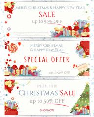 Christmas and Happy New Year hand drawn flyers set - 299132777