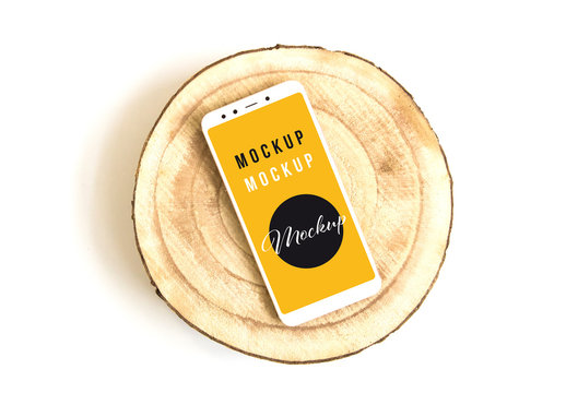 White Smartphone Mockup on Wooden Panel
