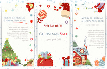 Christmas and Happy New Year hand drawn flyers set - 299133111