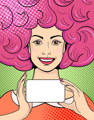 Smiling young woman with pink hair in comic style.