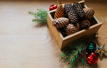 Christmas background and wallpaper.   New Year decoration toys on  a light background. Preparation for winter holidays