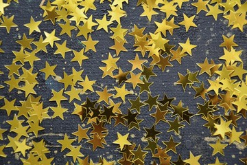 Dark background with scattered golden stars with space for text. Christmas, New Year.  confetti