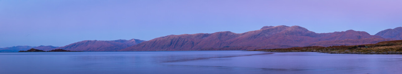 aerial shot of loch linnhe in the argyll region of the highlands of scotland during autumn near sunset