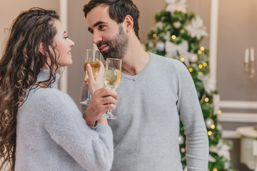 Cropped portrait of a young couple in love on new year night, drinking brotherhood.