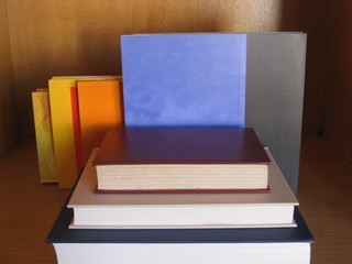 Encuadernaciones diferentes de colores azul, amarillo, negro, naranja en rincón de librería, unos en pie y dos tumbados, distintos gustos: informal y sobrio