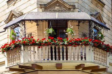 Beautiful balcony with red and white flowers in old city
